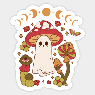 Cute Cottagecore Mushroom Ghost Moon Phases Sticker